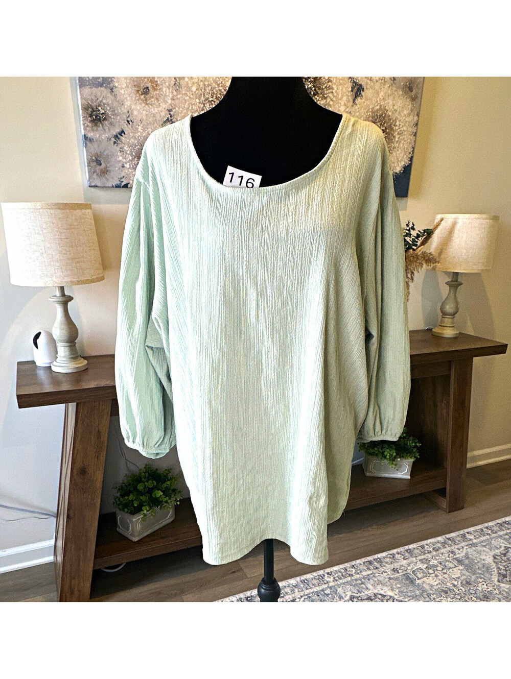 Ava & Viv Plus Size 2X Green Solid Knit Tunic Blouse Textured 3/4 Balloon